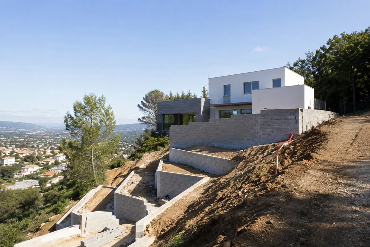 Maison en construction sur un terrain en pente