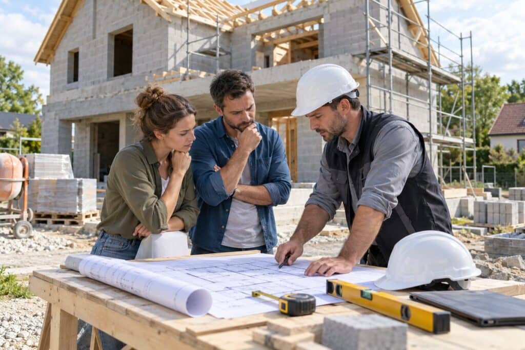 couple avec constructeur professionnel devant une maison en construction
