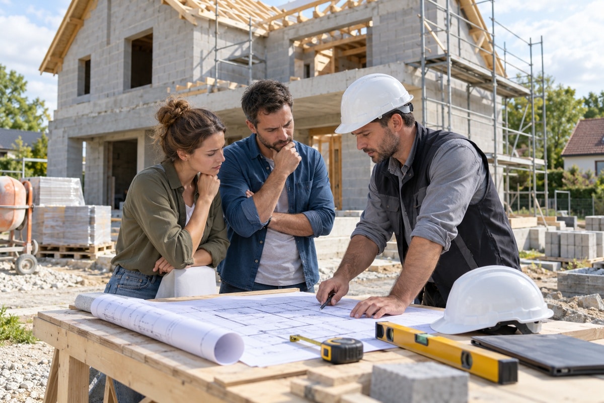 couple avec constructeur professionnel devant une maison en construction