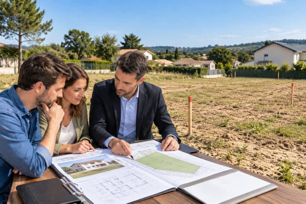 Un couple examine les plans d’un terrain constructible avec un professionnel de l’immobilier