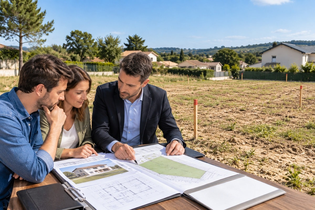 Un couple examine les plans d’un terrain constructible avec un professionnel de l’immobilier